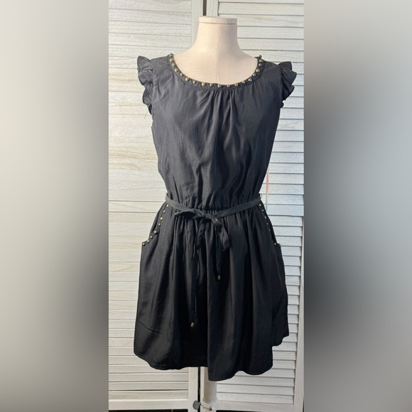 Forever 21 Black Dress with Belt and Brass Stud Detail, Size Medium - Picture 1 of 7